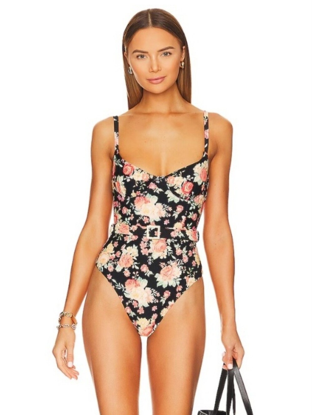 WeWoreWhat Underwire One Piece Swimsuit Golden Hour Black Multi Floral Sz M